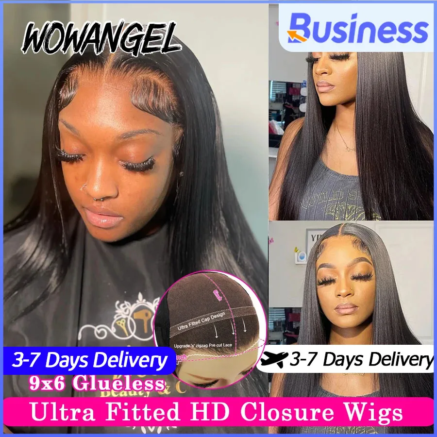 

WowAngel Pre Cut Ultra Fitted 9x6 HD Lace Closure Glueless Wigs Ready To Wear Human Hair Wigs Straight Melt Skins For Women Wigs