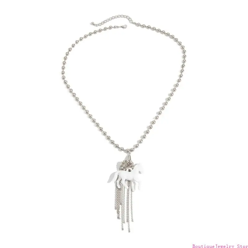 E1PE Trendy Horse Charm Beaded Tassels Chain Necklace Adjustable Length 61+7cm