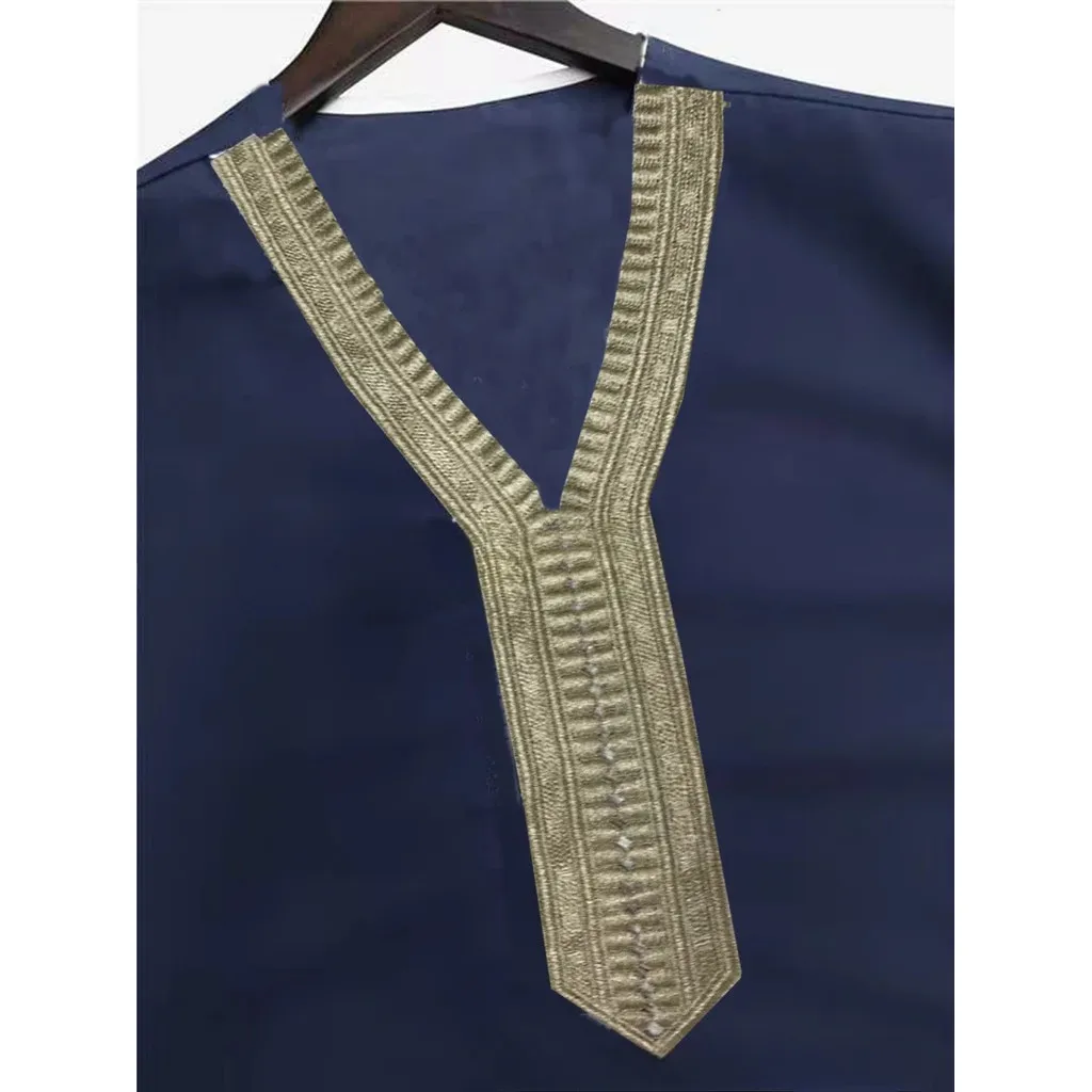 Eid Ramadan Raya Men'S Casual Thobe Blouse Mens Summer Middle Sleeved Lace Robe Solid Color Loose Business Shirt Arabic Robe