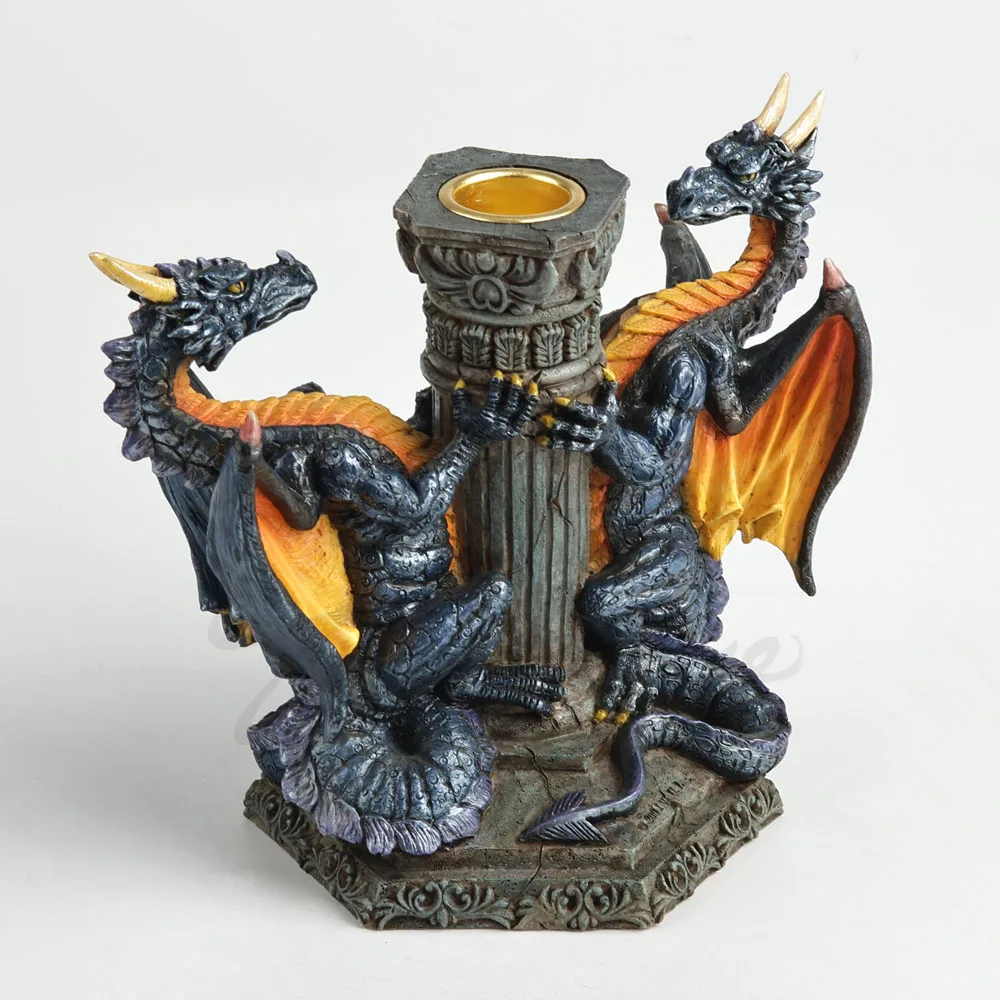 Dual Winged Dragon Pillar Tealight Candle Holder Gothic Roman Column Dragon Figurine Resin Statue Fantasy Medieval Home Decor