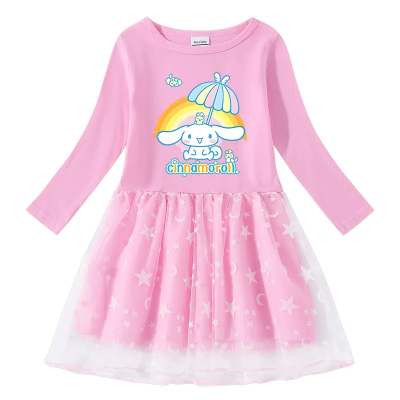 Sanrio  Cinnamon Dog Kawaii Spring and Autumn New Girls Cotton Printed Cartoon Stars and Moon Mesh Long Sleeve Princess Dress