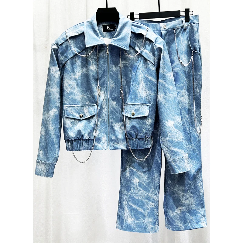 2024 Autumn Winter New Male Chain Design Shoulder Padded Short Jacket Two-piece Set Men's Trendy Loose Denim Jacket Trousers Set