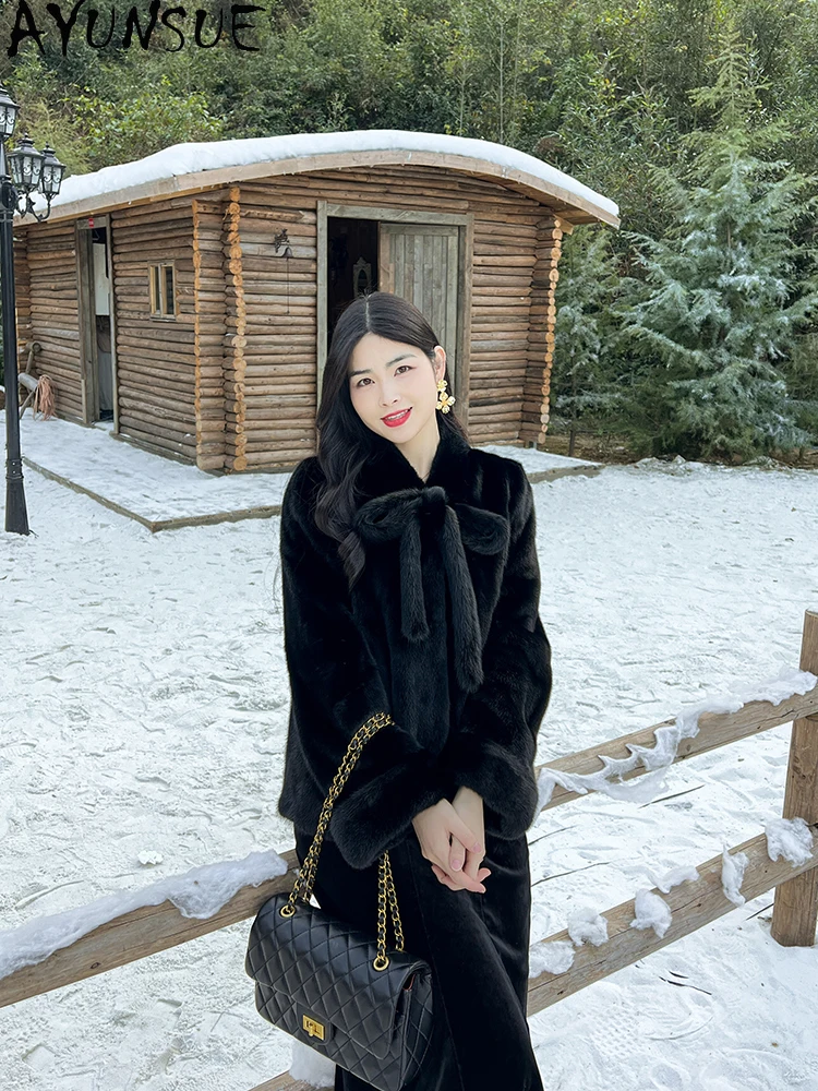 AYUNSUE Bow Natural Velvet Mink Fur Jacket Woman Luxury Whole Mink Winter Jacket for Woman Clothes High Quality Кофта С Мехом
