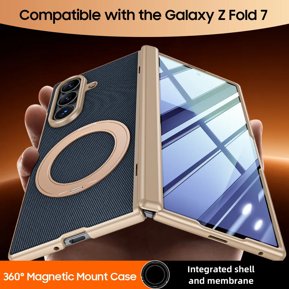 Plating Leather For Samsung Galaxy Z Fold7 Fold 7 FOLD7 5G Hinge Case Rotate Magnetic Ring Stand Cover With Small Screen Film