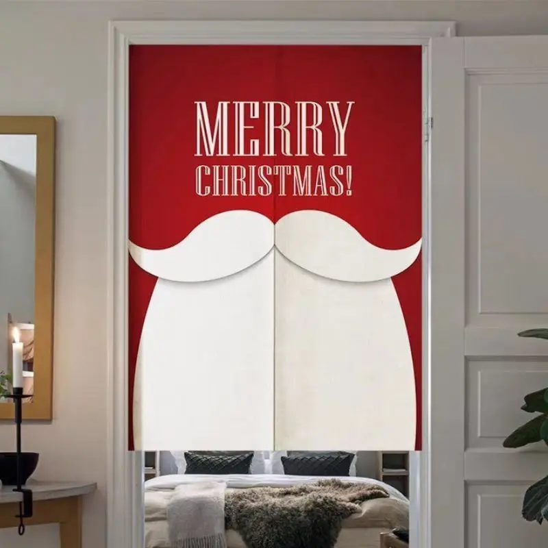 VIKAMA Christmas Santa Beard Door Curtain Red Background Merry Text White Mustache Creative Minimalist Holiday Linen Noren Soft