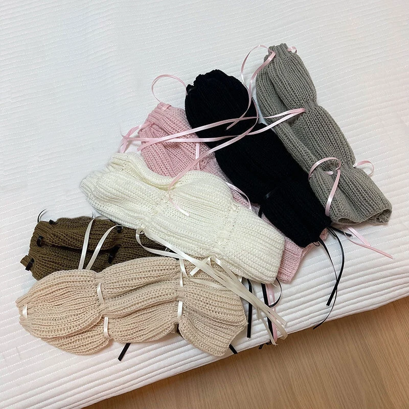 JK Lolita Harajuku Leg Warmers Women Bubble Lantern Lace-up Stockings Leg Cover Gothic Y2K Style Crochet Wool Knitted Long Socks