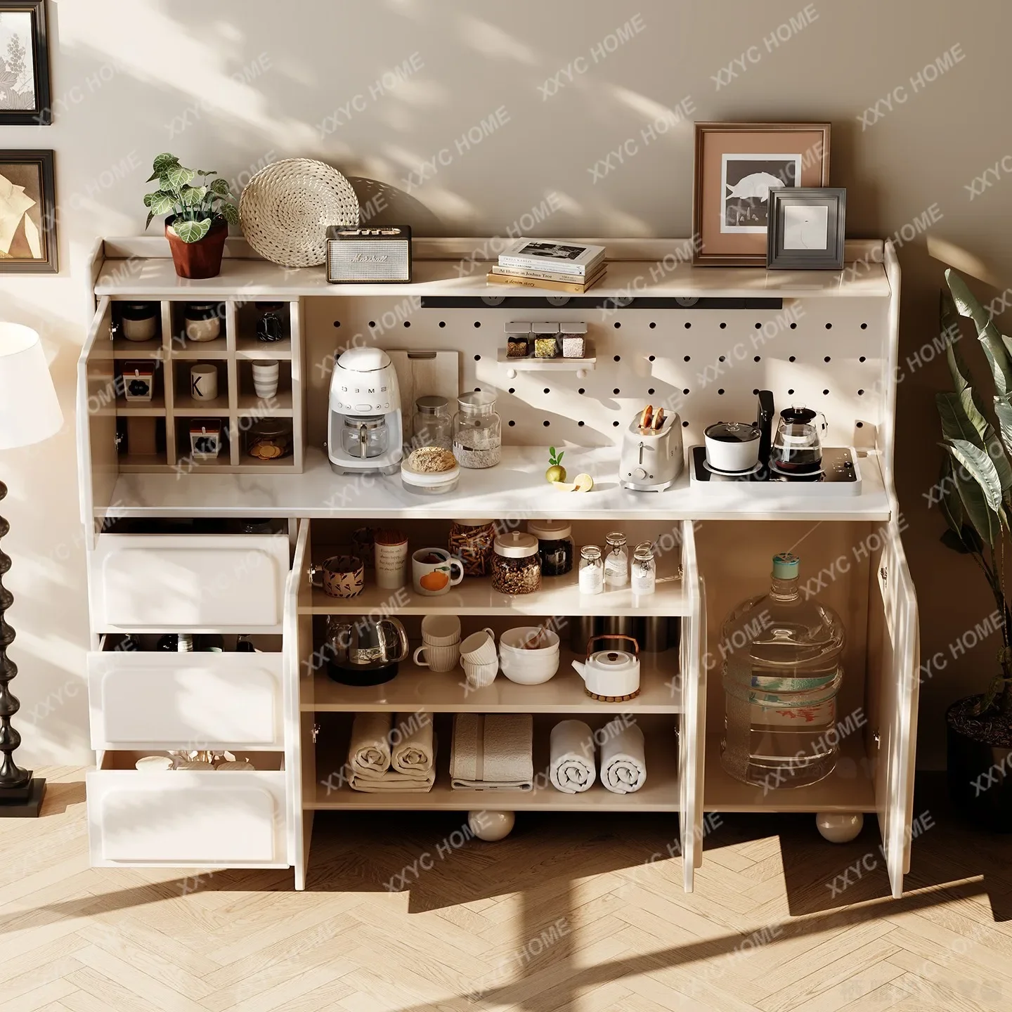 

AAFrench Кремовый стиль Домашний сервант из цельного дерева Шкаф для гостиной Настенный чайный бар Машина Чайный шкаф