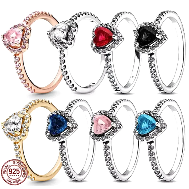 

New 925 Sterling Silver Shiny Various Colors Heart-shaped Ring Exquisite Charm ladies Jewelry Surprise Couple Gift