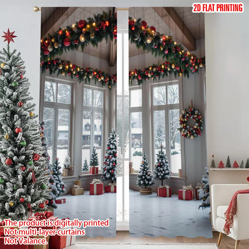 

2pcs 2D flat printing Merry Christmas Popular Window Curtains Christmas14 Durable Polyester Without Electricity Festive Holiday