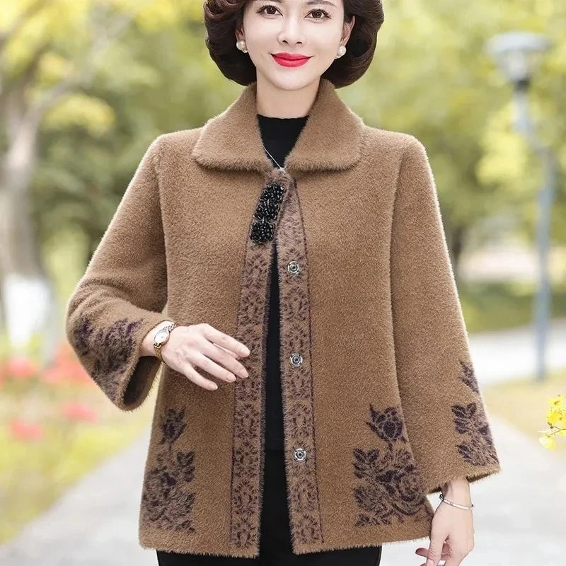 Autumn Winter Middle Aged Elderly Women's Thicken Cardigan Sweater NEW Imitation Mink Velvet Sweater Coat  Ladies Knitted Jacket