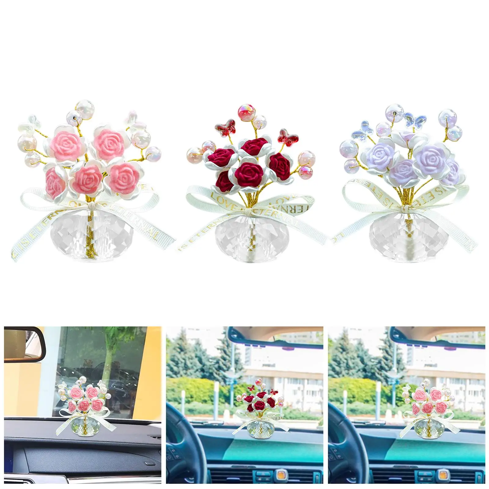 Car Dashboard Rose Decor Desk Flower Decoration Automotive Floral Vehicle Decor Desktop Statue for SUV Sedan Truck Home