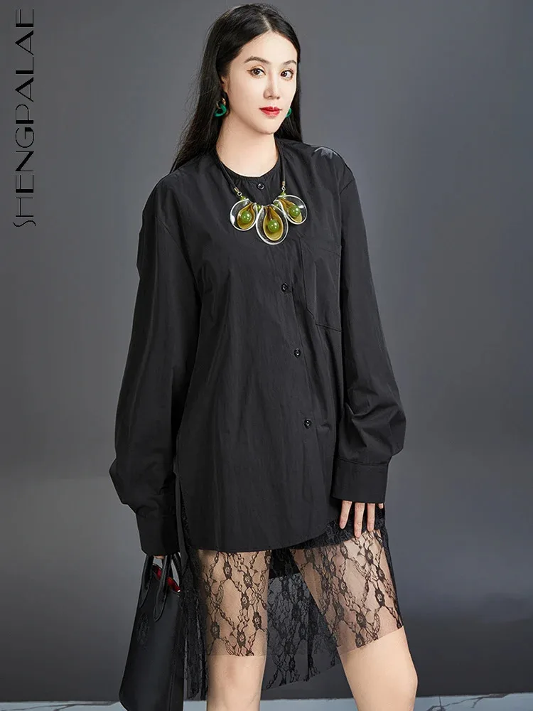 SHENGPALAE Fashion Versatile Long Sleeve Black Pullover With Mesh 2024 Autumn New Elegant Casual Loose Women's Shirt Coat 5C1415