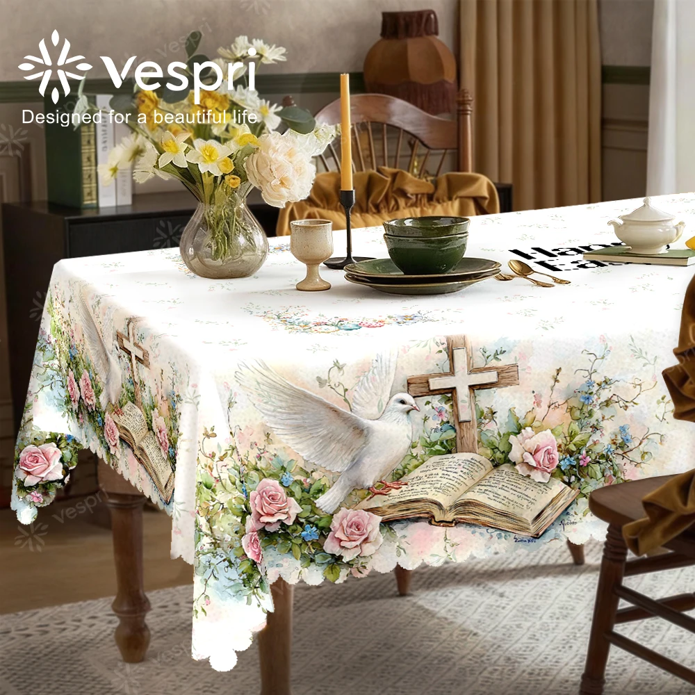 Vespri Easter Tablecloth White Pink Cross Dove Floral Decor Round Rectangle Oval Polyester for Parties Festivals