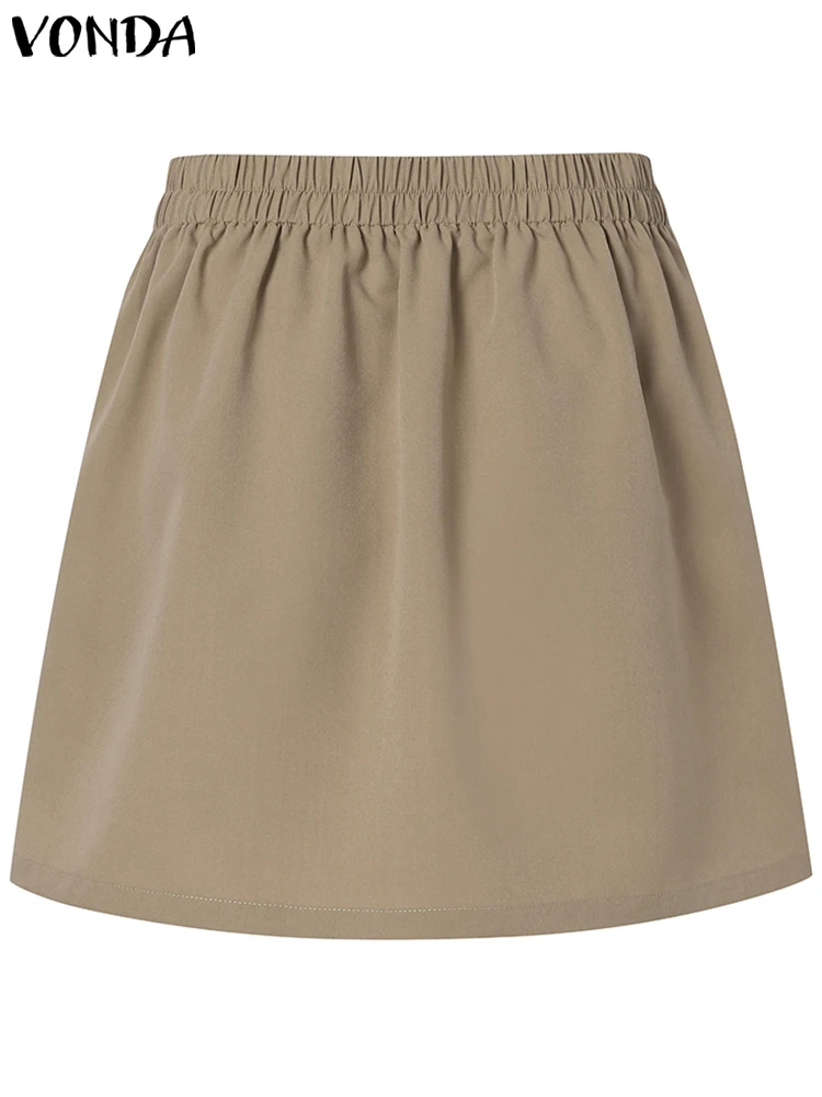 

VONDA 2024 Women Elegant Office Skirts Fashion High Waist Summer Short Mini Skirts Pleated Casual Solid Color A-Line Vestidos