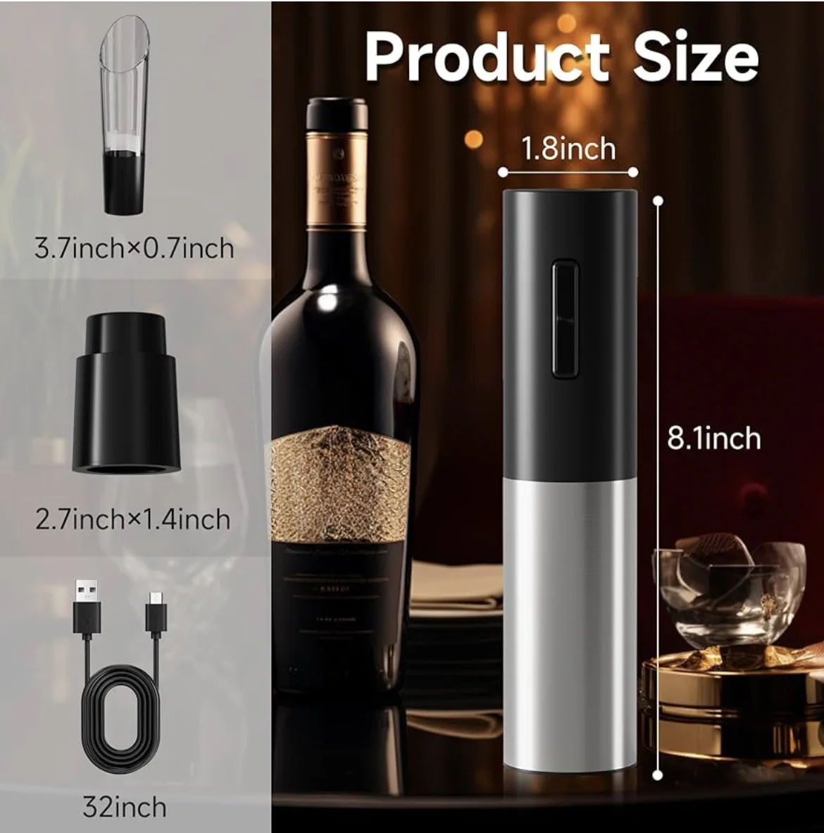 Abridor de botellas de vino tinto eléctrico, sacacorchos automático recargable por USB con vertedor de vino, cortador de papel de aluminio, herramienta de cocina, 4 piezas