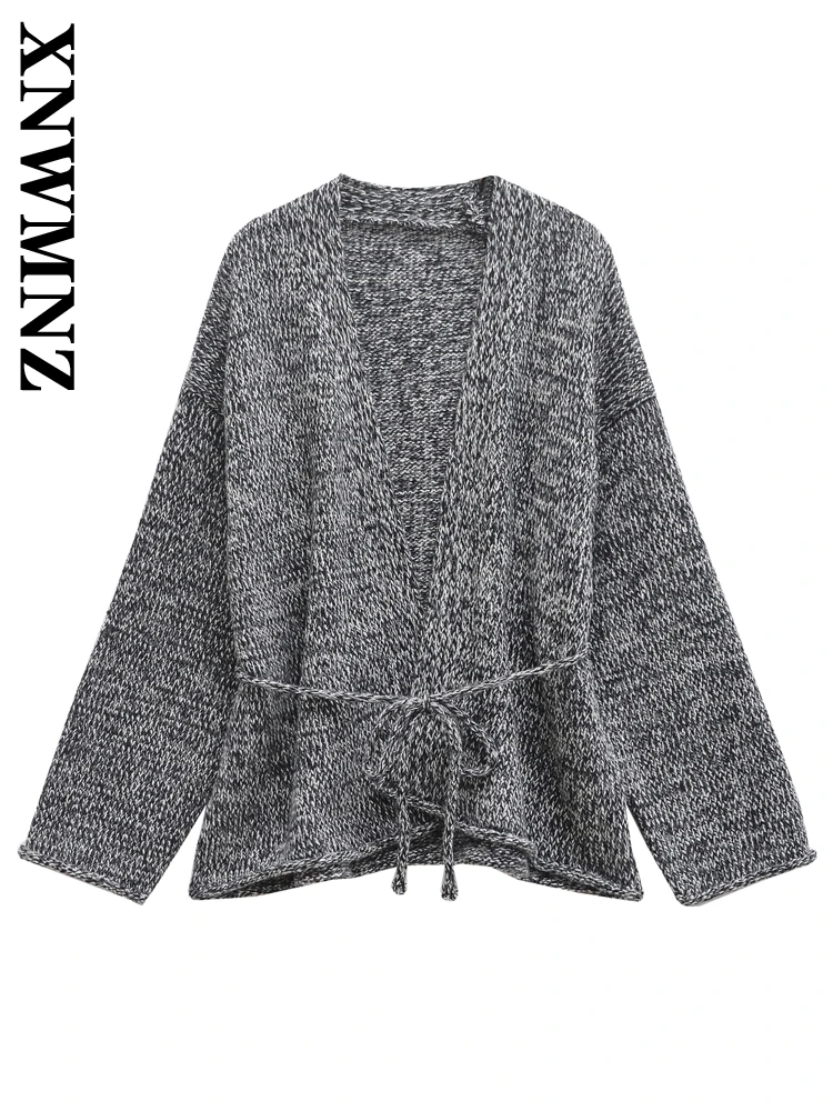 XNWMNZ 2024 Autumn Woman's Edgy V-Collar Knitted Jacket Sweater Chic Lady Long Sleeve Lace Top Ruched Loose Fit Cardigan Coat