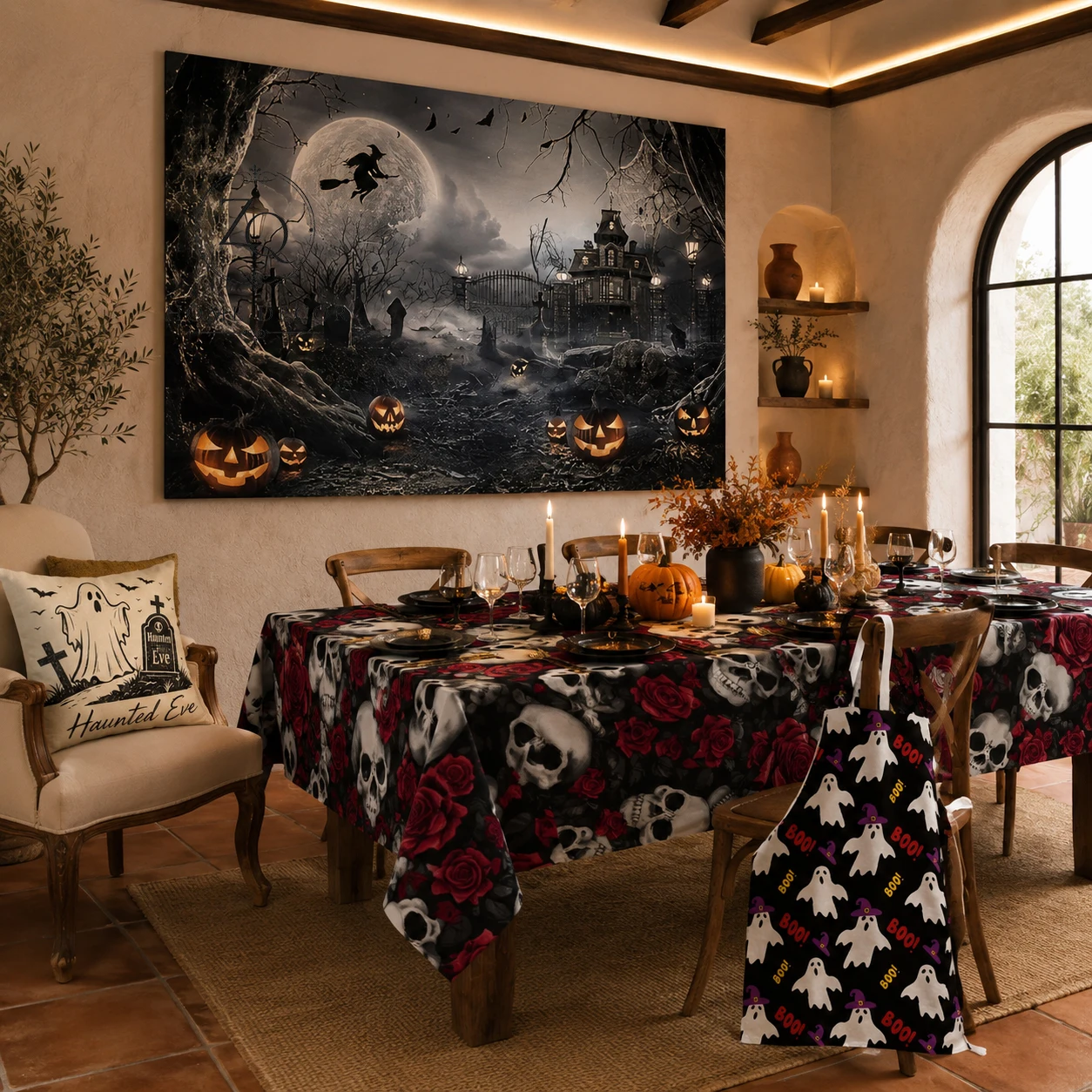 Halloween Party Supplies, Tablecloth with Skeleton Hands, Spooky Forest Tapestry, Creepy Dining Room Accessories