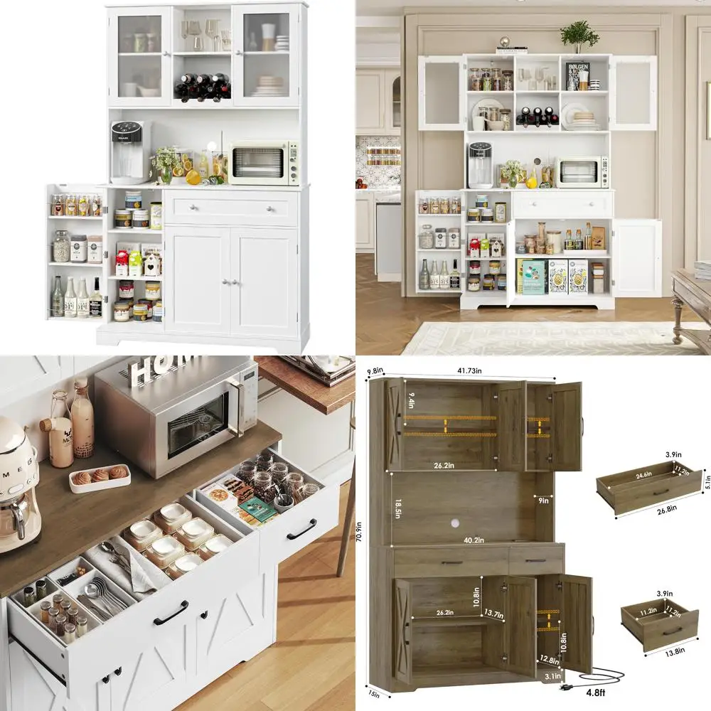Contemporary Kitchen Buffet Cabinet with Hutch and Microwave Stand, Tall Pantry Storage for Food