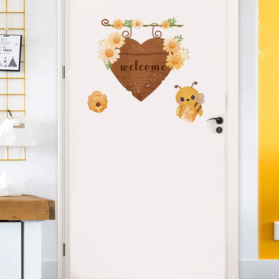 Cartoon Bee Welcome Flower Wall Sticker Kids Room Door Decoration Mural Bedroom Entrance Home Decor Self Adhesive Wallpaper