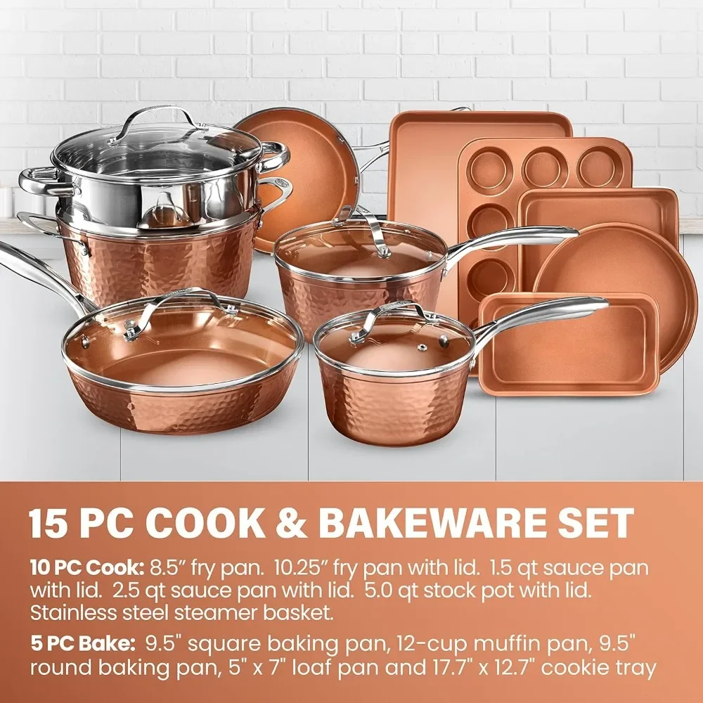 Hammered 15 Pc Ceramic Pots and Pans Set Non Stick Cookware Set, Kitchen Cookware Sets, Ceramic Cookware Set