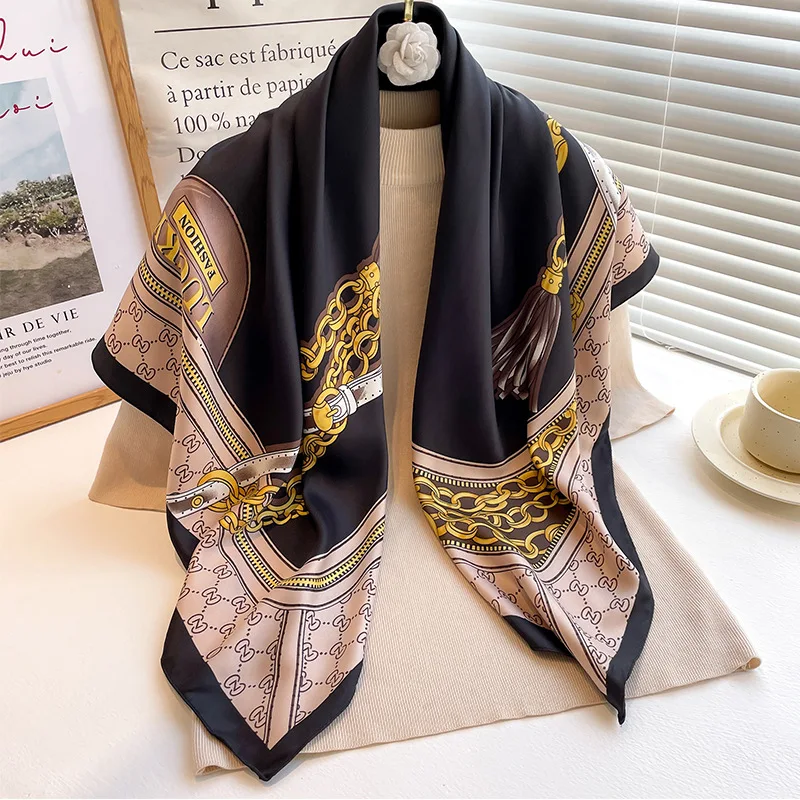 90X90cm Print Square Silk Scarf Women Design Temperament Scarves Hijab Wrap Shawl Beach Travel Decoration Foulard Ribbon Tie Bag