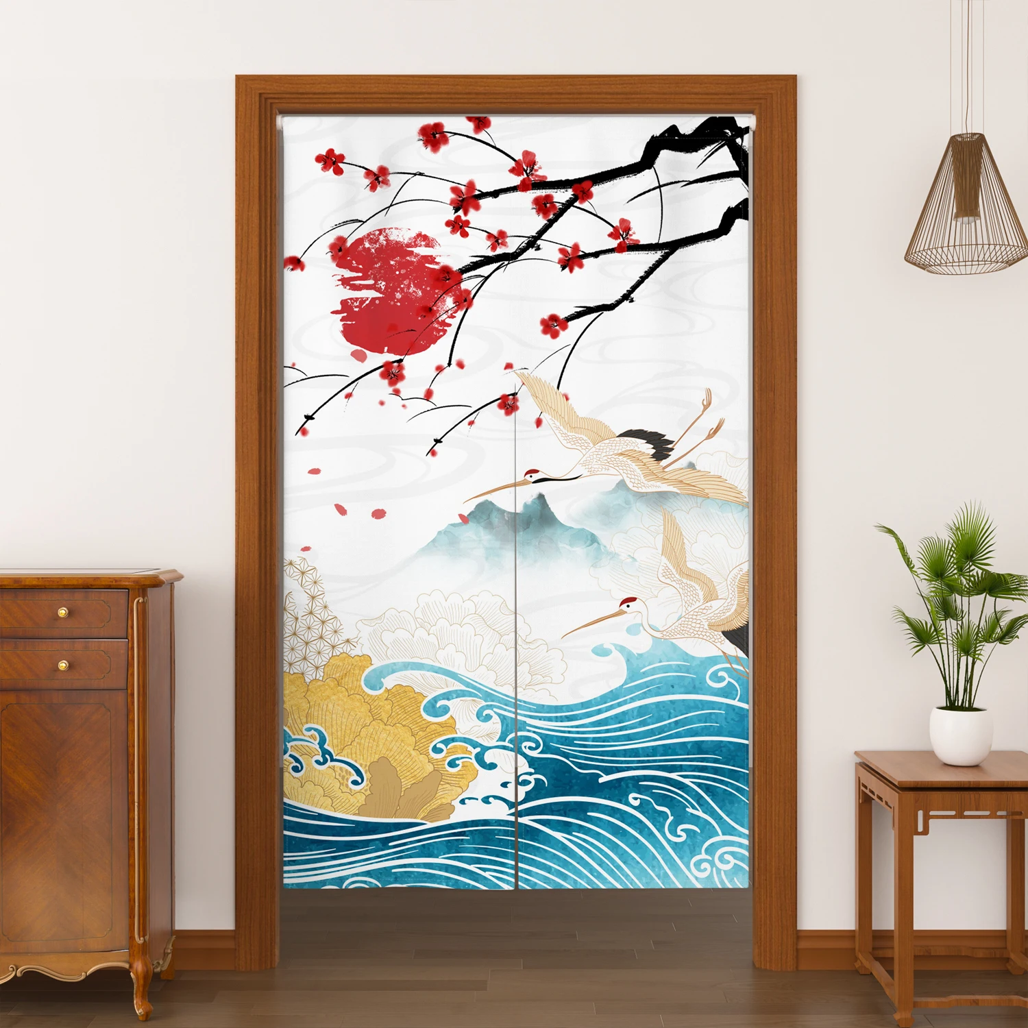 Japanese Noren Door Curtain Wave Sun Traditional Oriental Art Style Linen Doorway Curtains Home Decor Room Divider Half Curtains