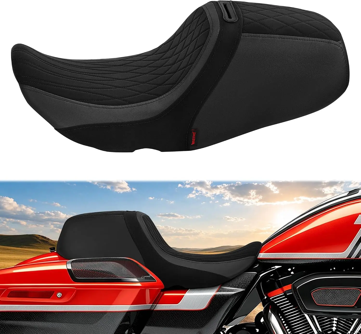 Motorcycle 2-Up One-Piece Seat with Gel Layer for Cruiser Bikes