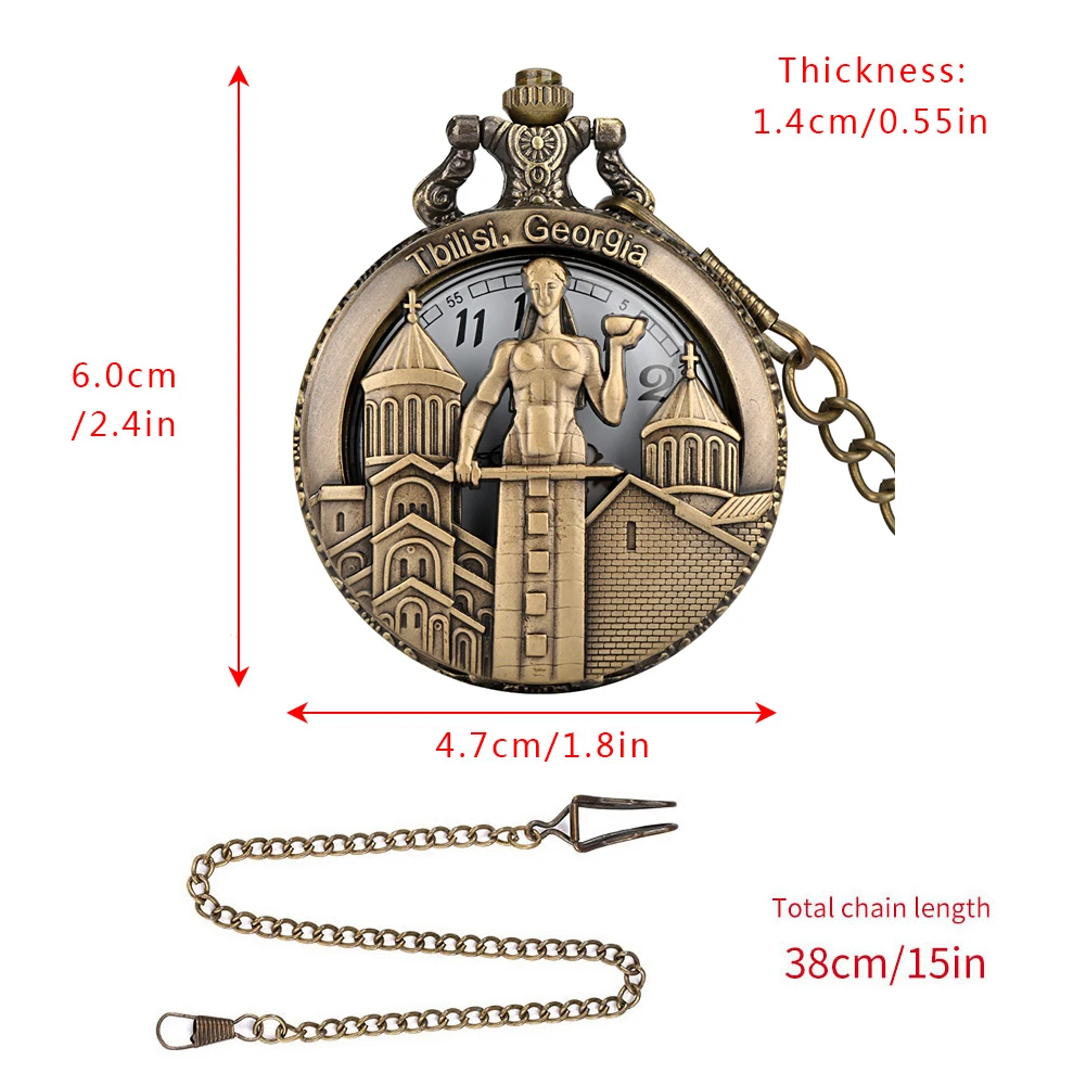 Tiflis Georgia Bronze Fob Kette Quarz Taschenuhr Männer Frauen Halskette Anhänger Tasche Zeitmesser Arabischen Ziffern Display Zifferblatt