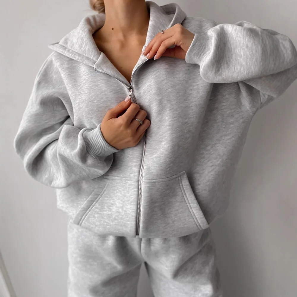 

Women's Trousers Suit Casual Sports Suit Loose Zipper Long Sleeve Hoodie Sweatshirt Jacket Wide-leg Pants Fashion High Street