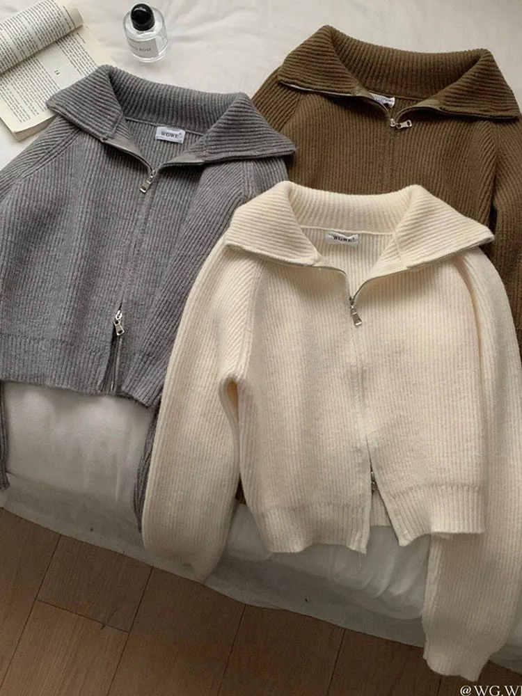 Women Basic Cardigan Solid Sweater Turn-Down Collar Autumn Long Sleeve Zipper Design Knitted Pullover Soft Fashion High Street