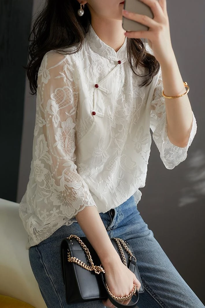 2024 chinese style lace qipao top vintage clothing women asian costume fancy traditional embroidery elegant shirt cheongsam tops