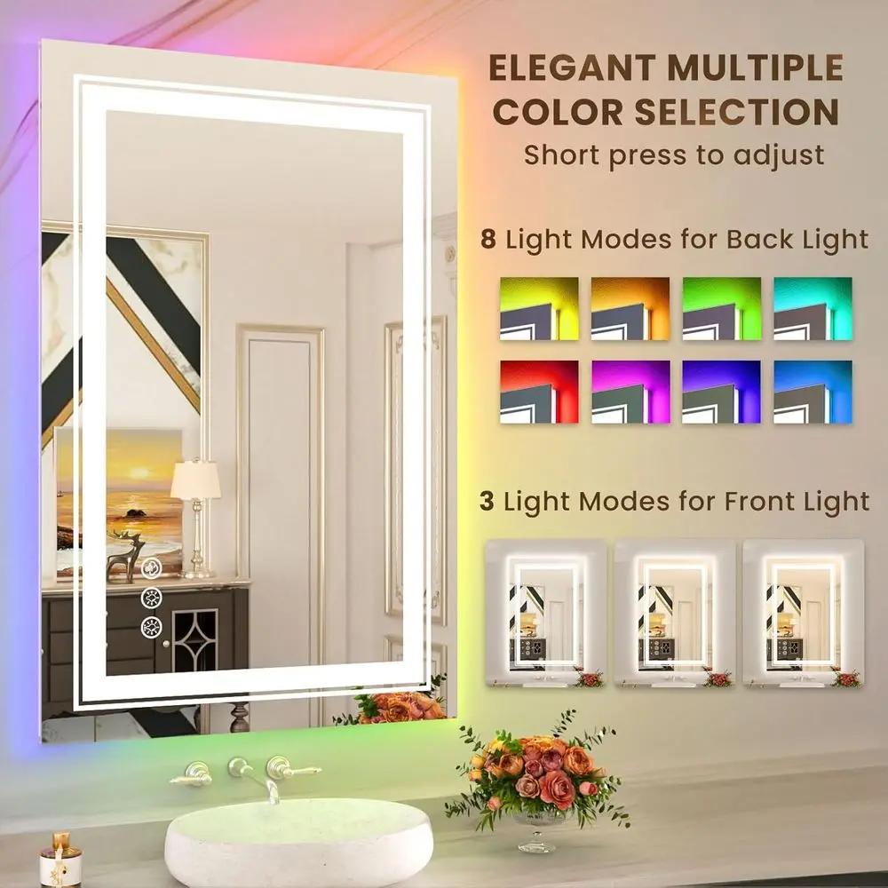20x28 LED Illuminated Bathroom Mirror with RGB Backlight, 3 Front Lights, Stepless Dimmable, Anti-Fog, Memory Function, Shatter-
