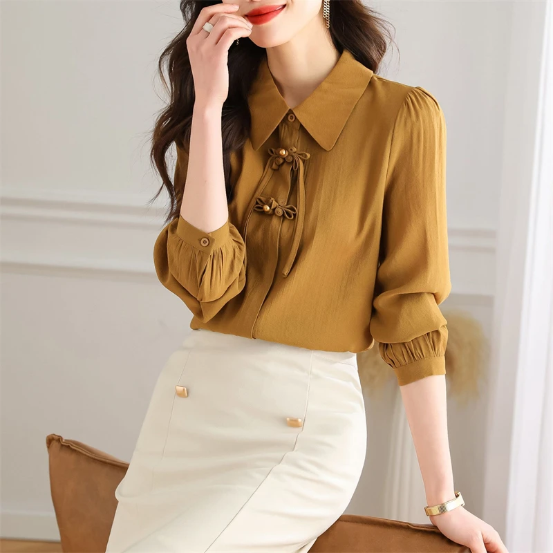 Women\'s Clothing Vintage Stylish Chinese Style Button Up Shirt Office Lady Elegant Commuting Blouse Solid Long Sleeve Loose Tops