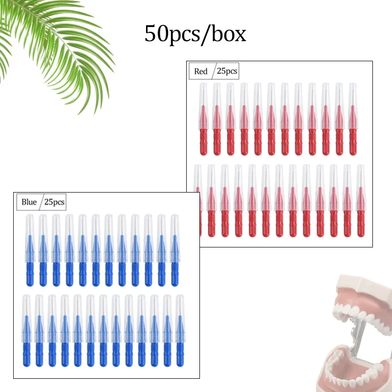 50Pcs/box Interdental Brush Blue/red Brush Clean Between Oral Teeth Toothbrush Dental Cleaning Hygiene Care Tool
