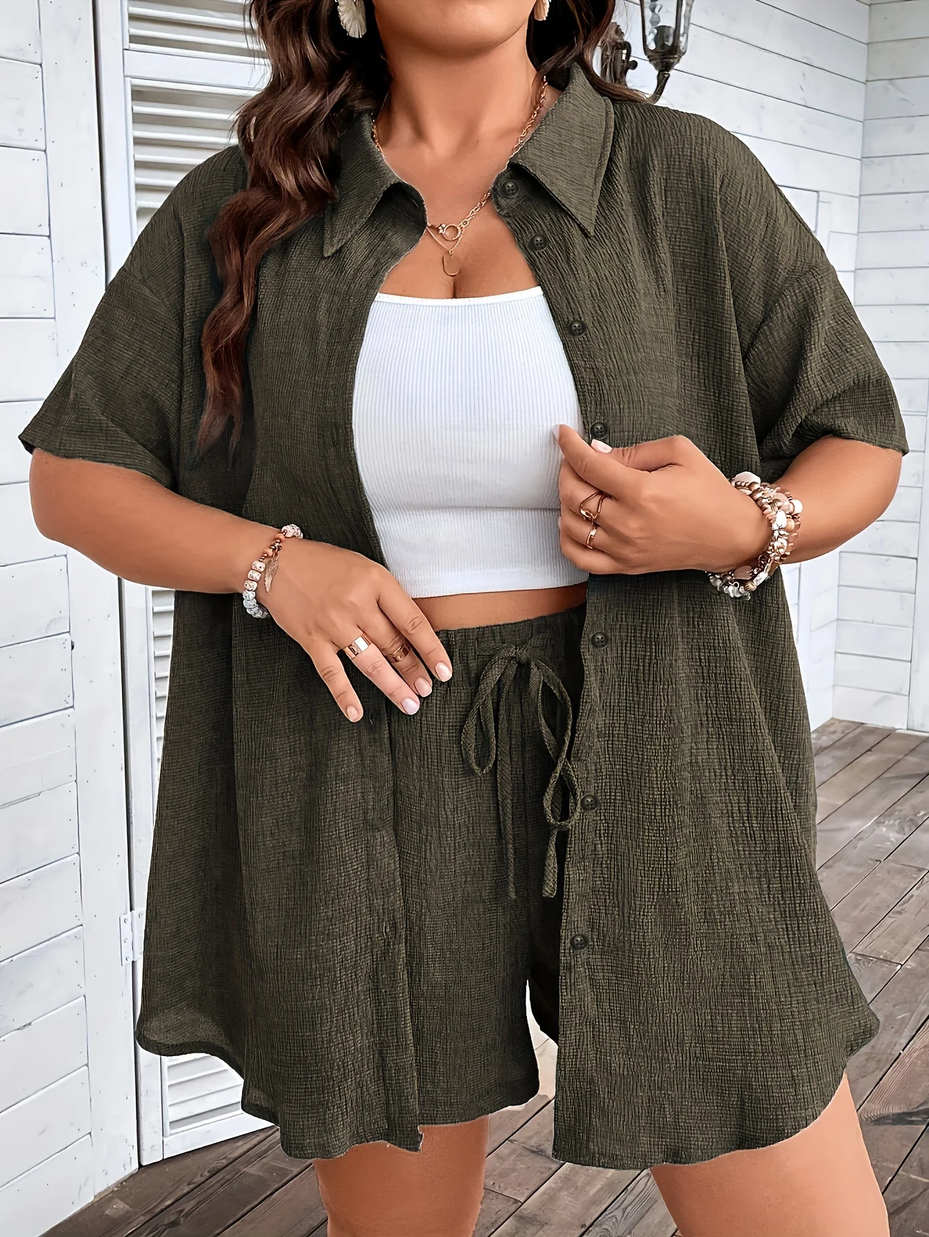 Plus Size Solid Two-piece Set, Casual Button Up Collared Shirt & Drawstring Shorts Outfits, Women\'s Plus Size Clothing