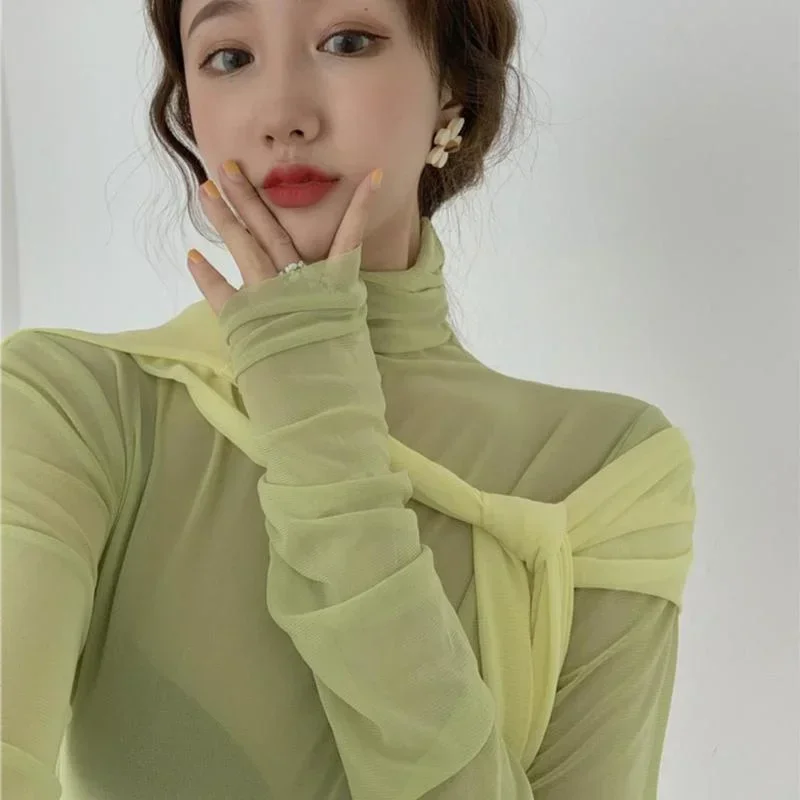 Fashion Sheer Candy Color Mesh Tops Summer Chic Long Sleeves Turtleneck Slim Bakugou Shirt Sexy See-through Bottom Tulle Tops