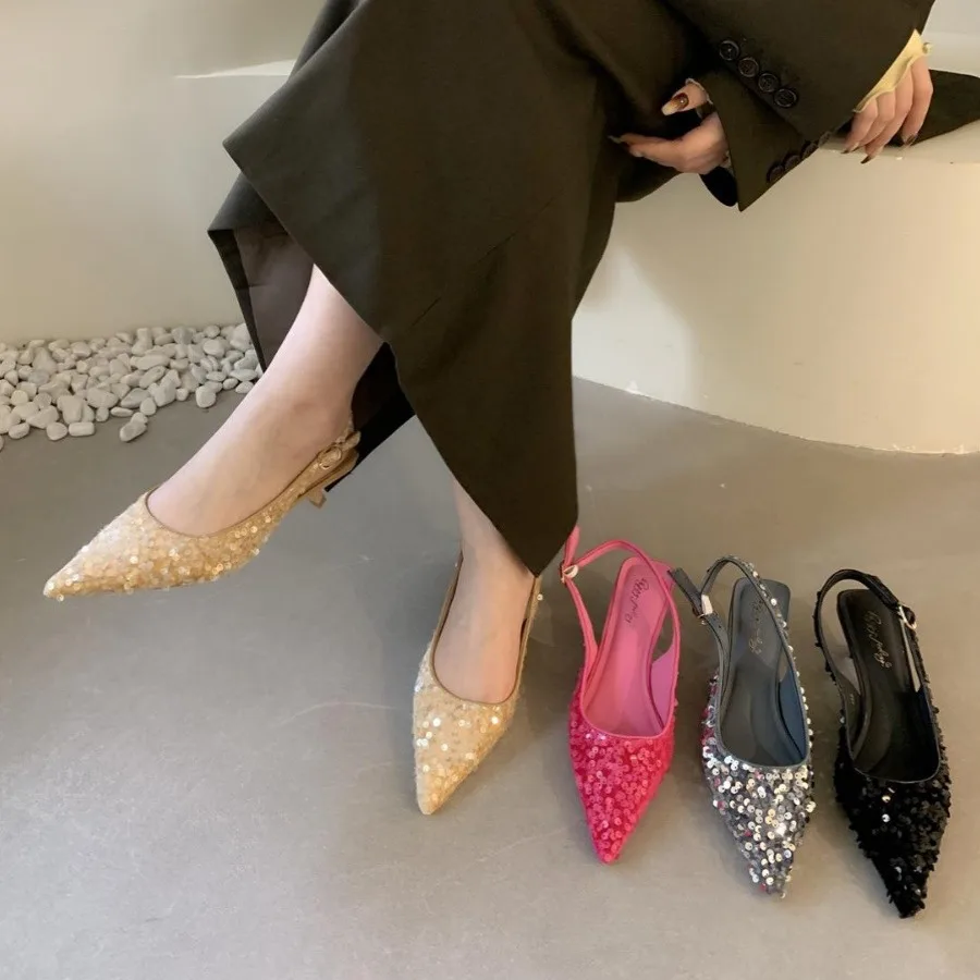 Pointed Heel Sandals Black Shoes for Women Bling Bling Beige Elastic Band Low Retro Bright Closed  Fashion Clear High 2024 Comfo