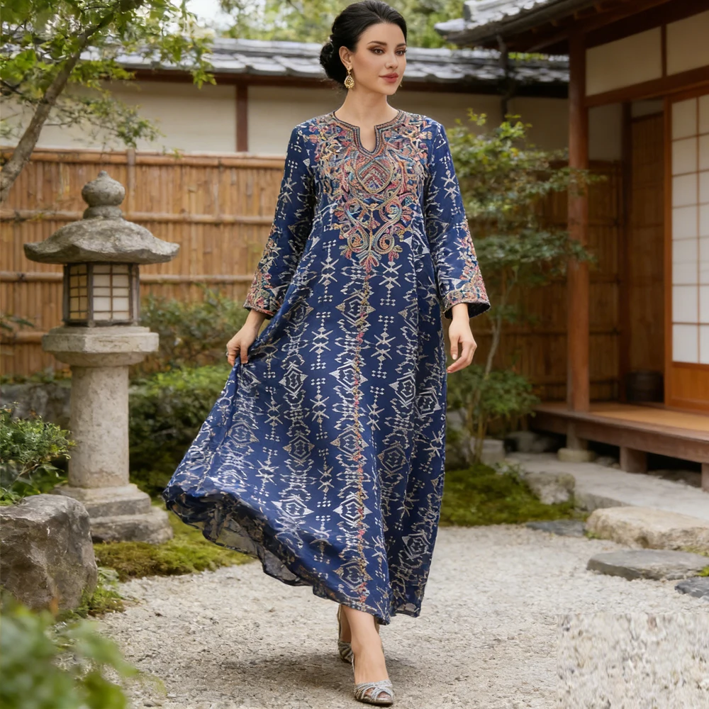 

Женское мусульманское платье-джеллаба с вышивкой, абайя, дубайский кафтан, макси-платье для женщин, турецкий халат, ид-абайя, кафтан