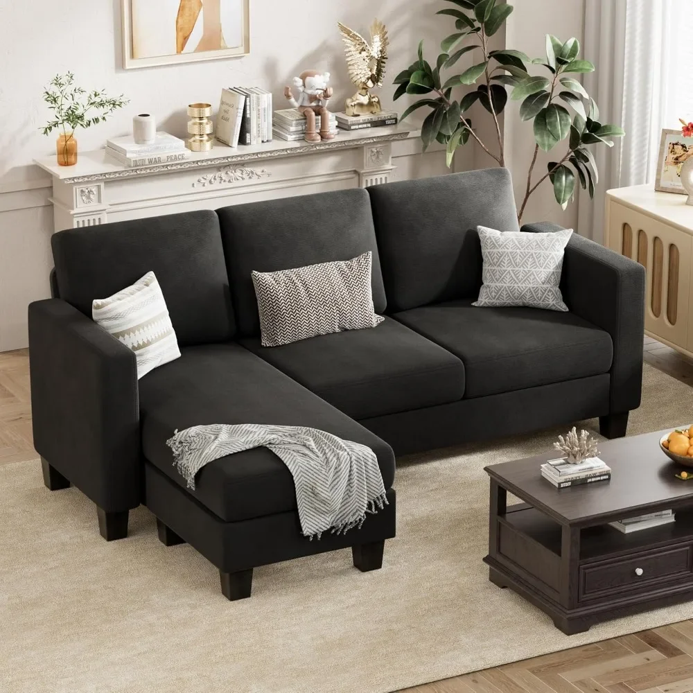 Sectional Sofa Couch with Movable Ottoman Couch for Small Apartments 3 Seat L-Shaped Linen Fabric Small Sofa