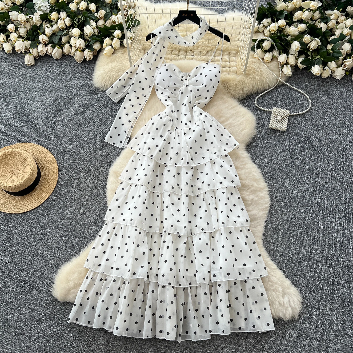 

Сексуальные трапециевидные платья без рукавов в горошек, шикарные винтажные корейские модные вечерние женские пляжные платья, женская одежда