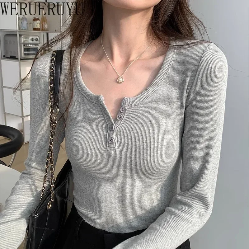 New White V-neck T Shirt Long Sleeve Casual Tops Womens Y2k Clothes Autumn Winter Button Thread Knitted T-shirts for Women 2024