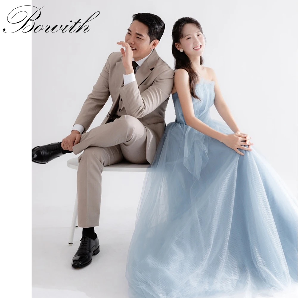 

Bowith Baby Blue Korean Wedding Dress Strapless Soft Tulle Bridal Gown Sleeveless Elegant Floor Length Bridal Dresses