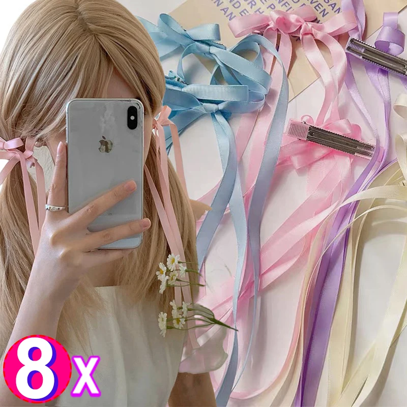 Double Layer Floating Ribbon Bow Women Bowknot Long Floating Ribbon Bow Hair Clip Ponytail Clip Fairy Sweet Accessories