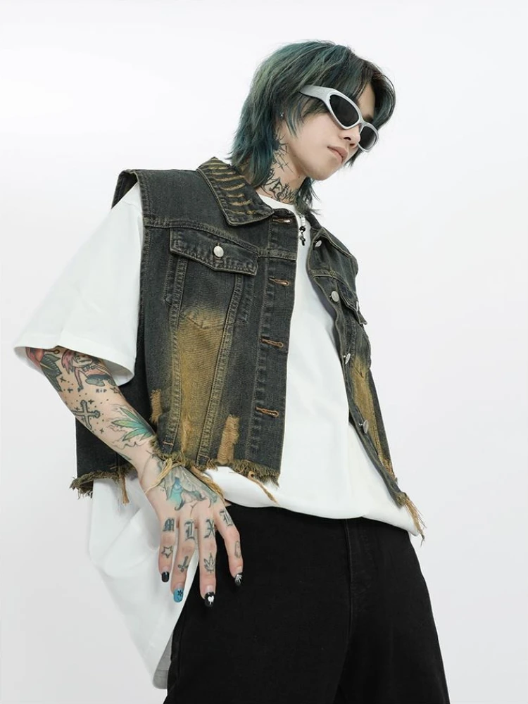 

Мужской винтажный потертый джинсовый короткий жилет свободного покроя, повседневная джинсовая куртка без рукавов с воротником, верхняя одежда в стиле ретро