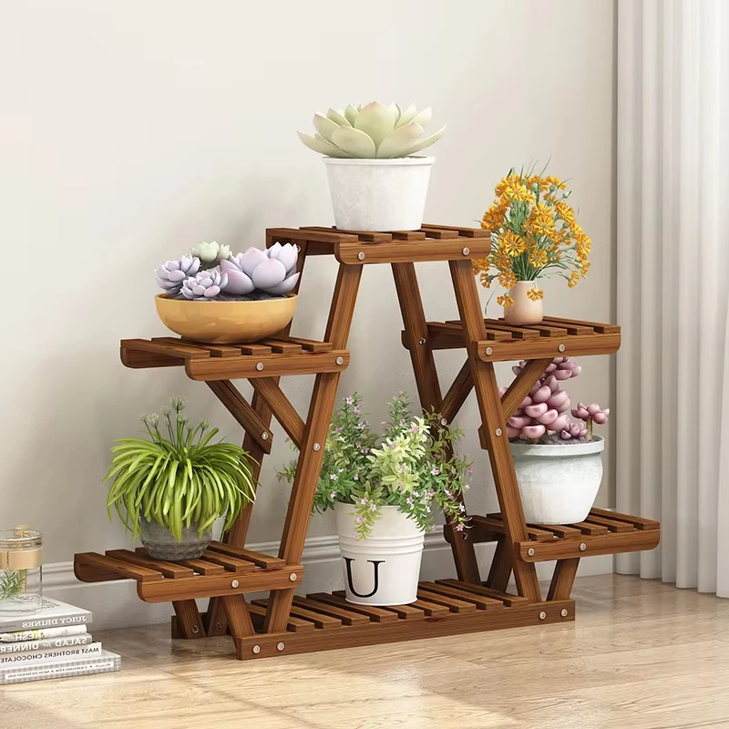 Wood Plant Stand Indoor Outdoor Carbonized Triangle 6 Tiered Corner Plant Rack Flower Pots Display Rack Shelf Holder