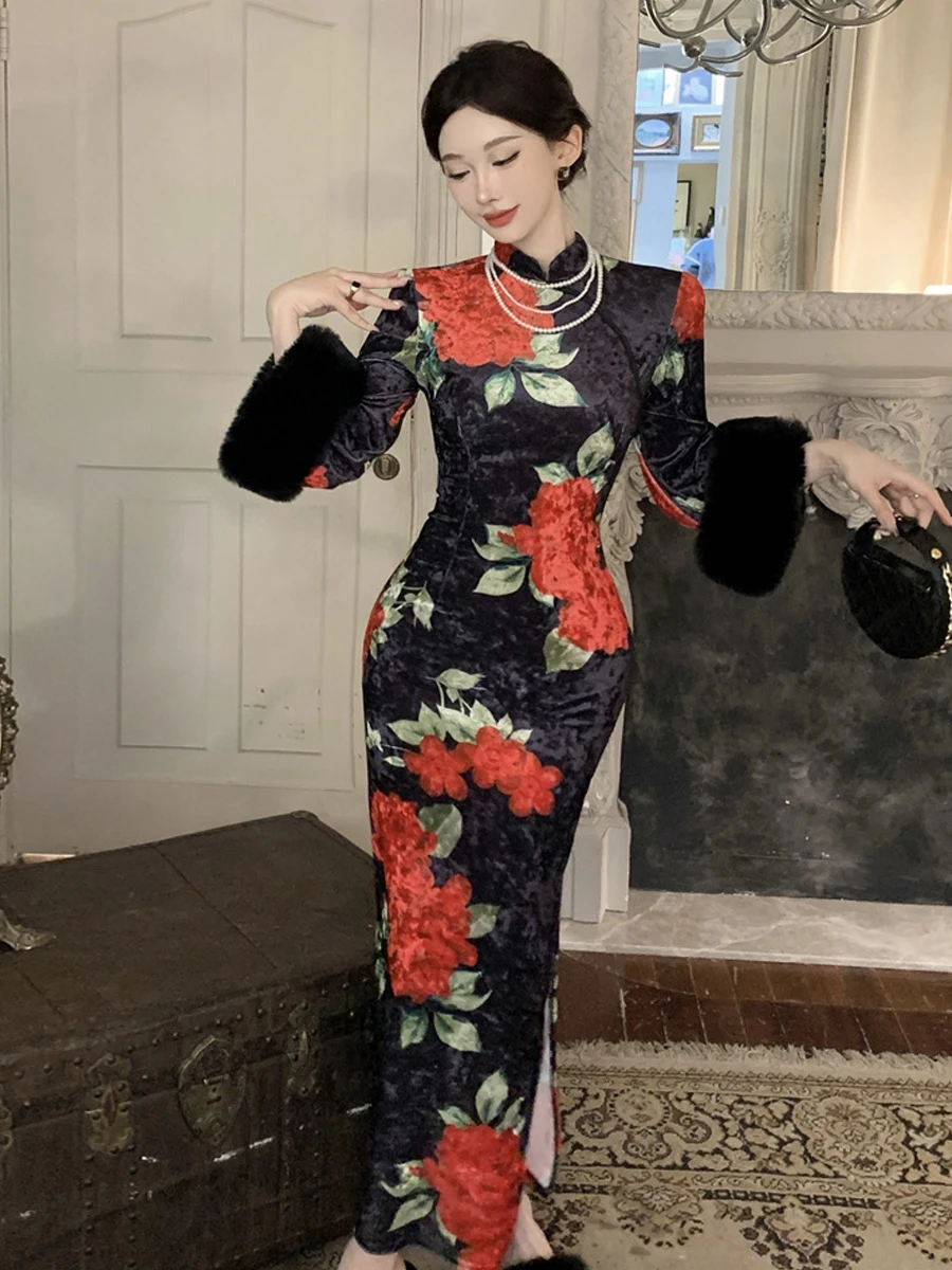 

Сексуальная вельветовая юбка с принтом и большим меховым воротником, в стиле ретро, облегающая, с разрезом, длинная, для женщин, осенний сезон