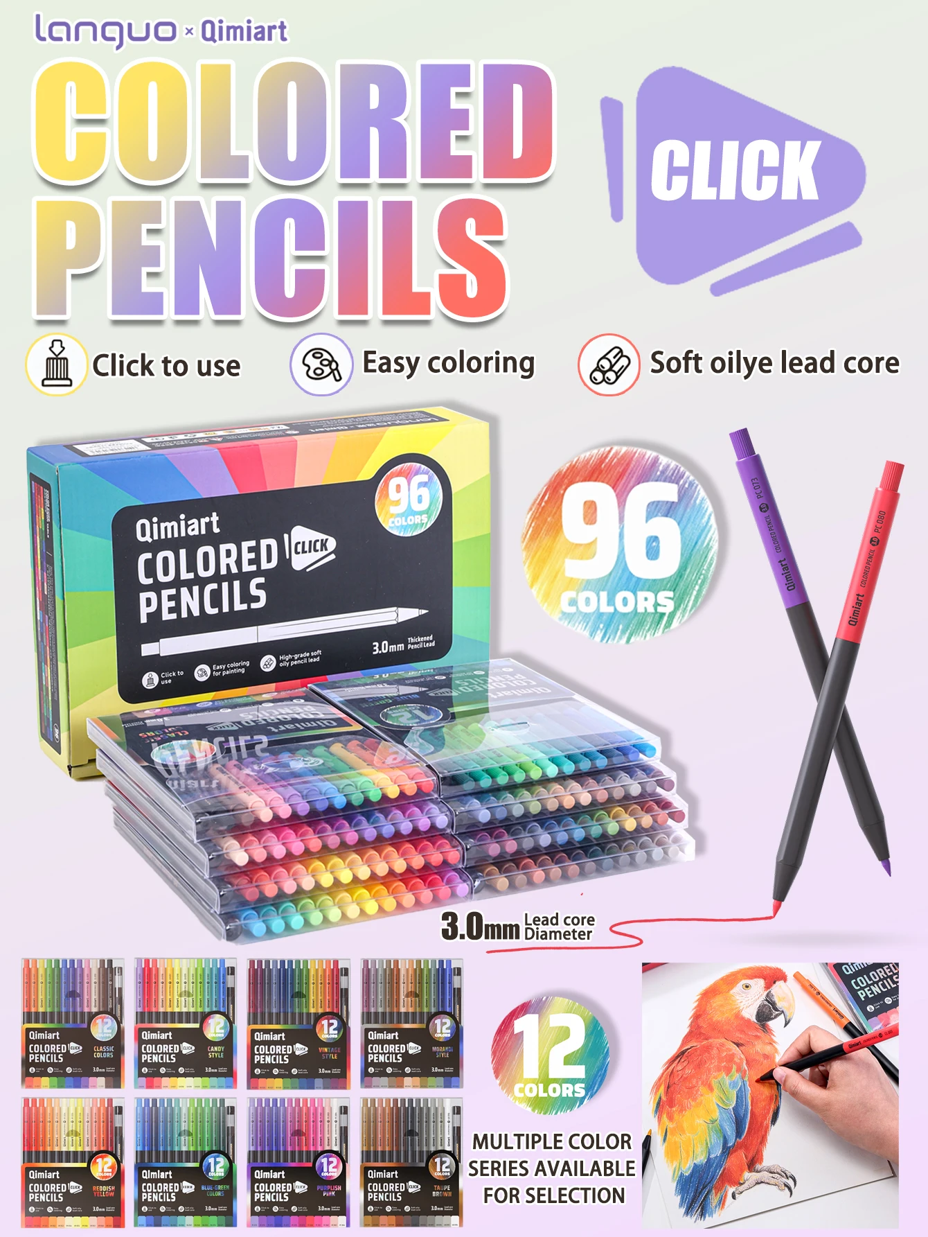 Crayons de couleur à clic Languo 12/96 couleurs, mine souple à base d'huile de 3,0 mm pour le dessin, l'esquisse, le coloriage, fournitures d'art