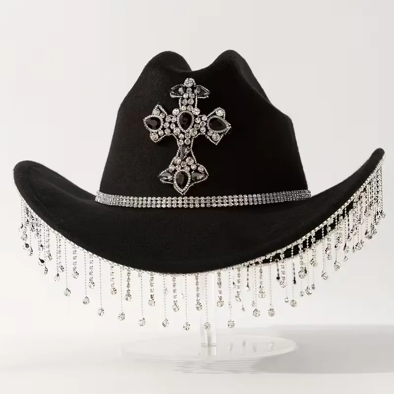 

HongLuan Винтажные черные цилиндры, фетровая шляпа Fedora с кисточками и стразами для женщин и поясом, ковбойская шляпа, вечерние кепки с плоскими широкими полями для мужчин