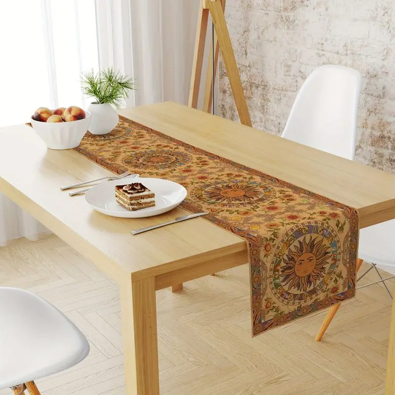 VIKAMA Vintage Sun Zodiac Table Runner Boho Sunflower Floral Astrology Tarot Tablecloth for Dining Table Home Party Decor
