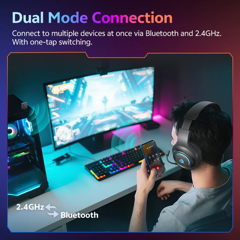 QCY Heroad V200 BH25H4GMA Gaming Over Ear Headphones Bluetooth 6.0 Wireless Earphones 50mm Driver 7.1 Surround Sound RGB Headset view 6